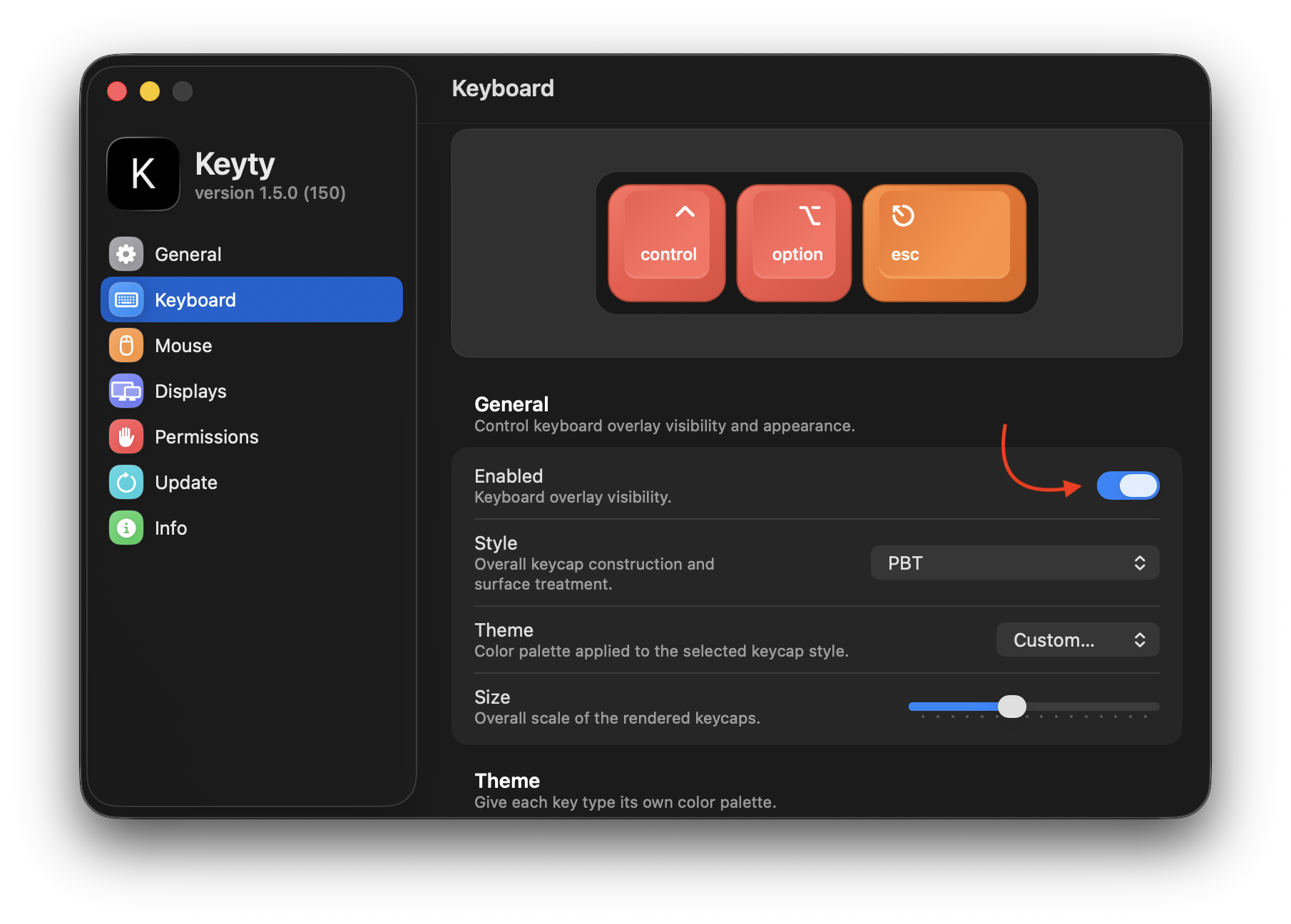 macOS 上的 Keyty 设置界面，已启用按键显示，用于屏幕键盘可视化。