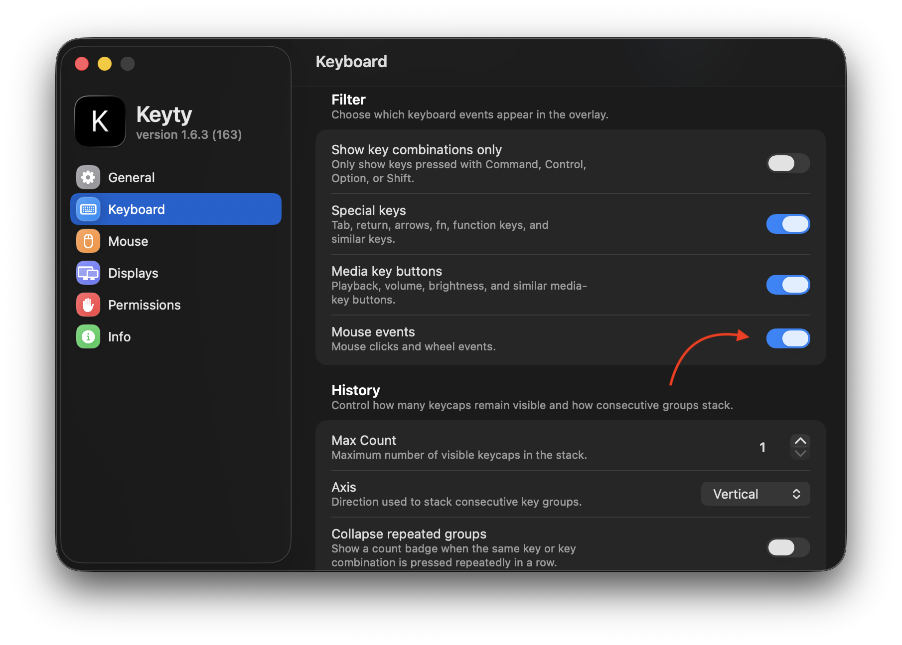 Keyty keyboard settings with mouse events enabled
