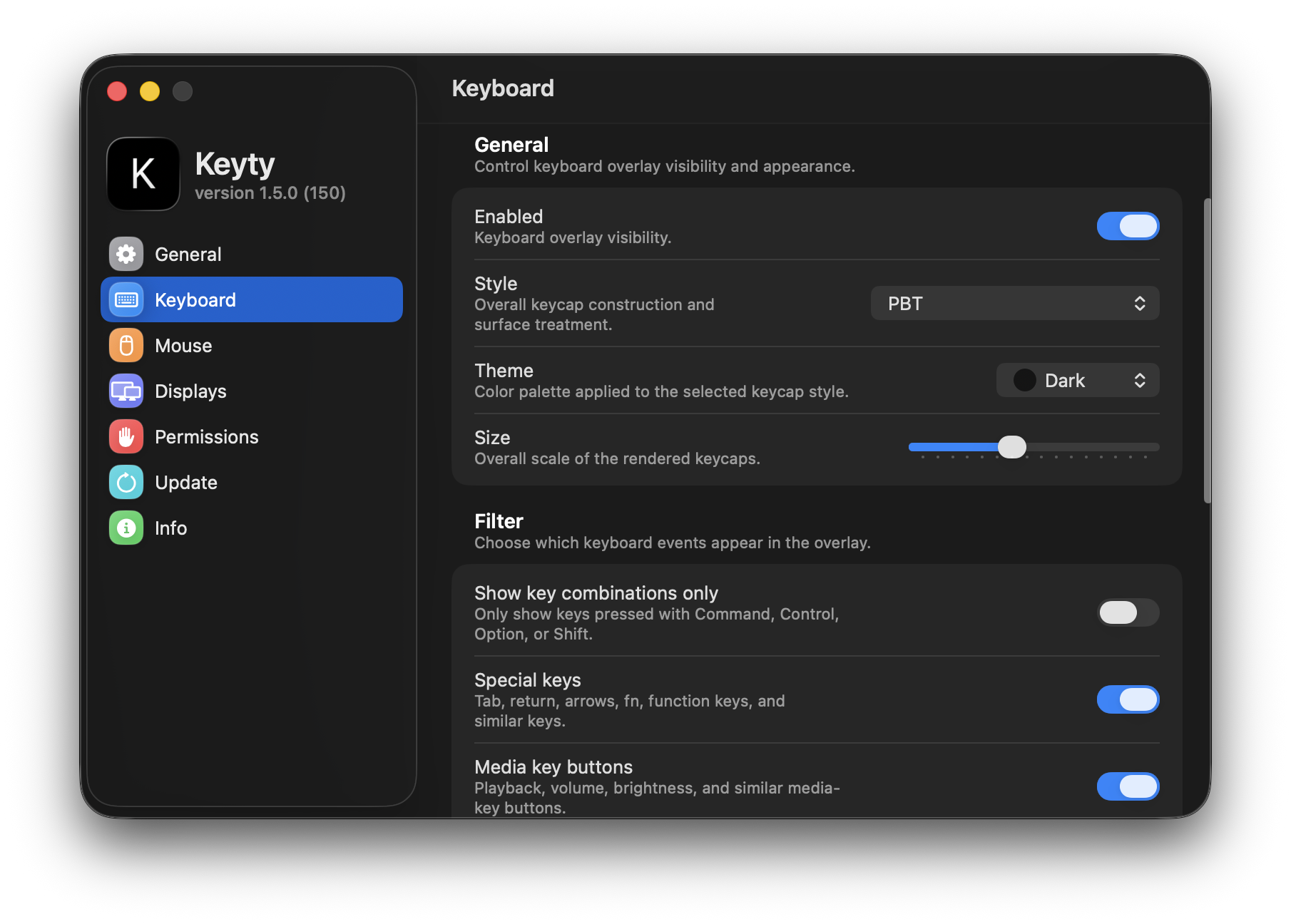 macOS 上的 Keyty 叠加层设置，展示了易读的大小、位置和对比度调整。